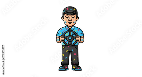Friendly cartoon driver character in a colorful sprinkle-patterned uniform holding a steering wheel. Vector mascot illustration isolated on a white background