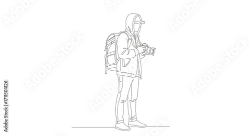 Continuous line drawing of a person in a hooded jacket with a backpack and camera, capturing moments with artistic flair