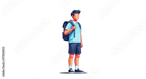 Dynamic vector illustration depicting a young male student, adorned with a backpack, standing confidently, ready for academic pursuits or urban exploration in a contemporary artistic style
