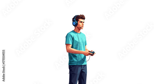 Young Man Wearing Headphones and Holding a Video Game Controller