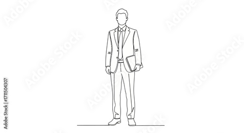 A minimalist continuous line drawing of a businessman in a suit, embodying professionalism and corporate success