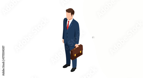 A confident businessman in a suit stands holding a briefcase, ready for a meeting or travel