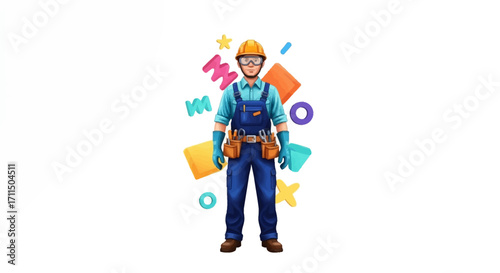 Vibrant digital illustration depicting a skilled male builder in work attire and safety equipment, with an artistic arrangement of colorful geometric figures representing construction and design