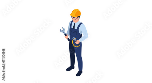 Isometric View of a Plumber or Repairman Holding a Wrench Work, Service, and Maintenance Concept