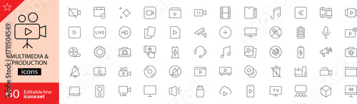 Multimedia and production icons set. Including video, audio, camera, microphone, film, editing, broadcasting, and more. Editable stroke. Vector illustration. Outline icons. Perfect for media. 