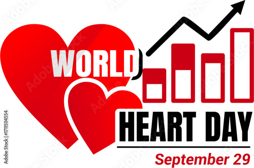 A bold logo for World Heart Day, featuring two red hearts next to a rising bar graph with an arrow, symbolizing progress in heart health.