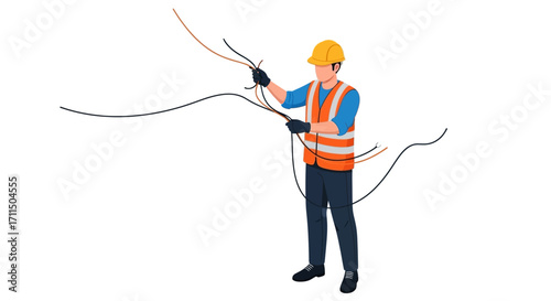 Construction worker in safety vest with wires