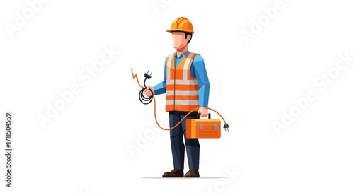 Illustration of an electrician worker in safety uniform holding tools and cables on a white background