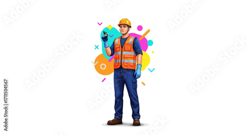 A construction worker in a hard hat and safety vest, standing in front of a colorful abstract background