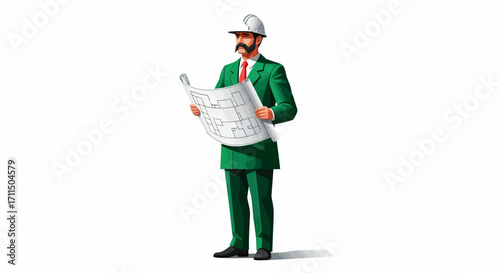A vintage illustration of a man in a hard hat examining blueprints with a mustache and green suit, representing architecture or engineering