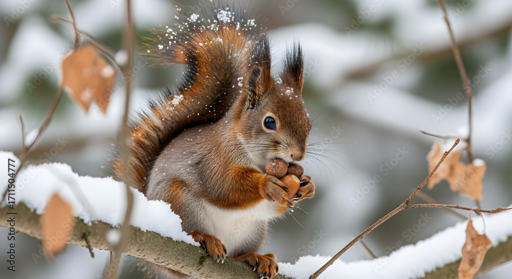 Obraz premium Adorable squirrel enjoying acorns in winter snow, capturing a moment of nature's beauty