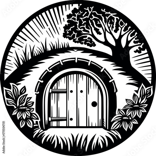 Vector illustration of a house and tree design with a floral art pattern