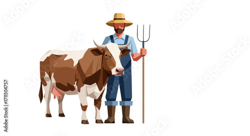 Farmer and Cow Illustration A depiction of agricultural life featuring a farmer with a pitchfork and a cow