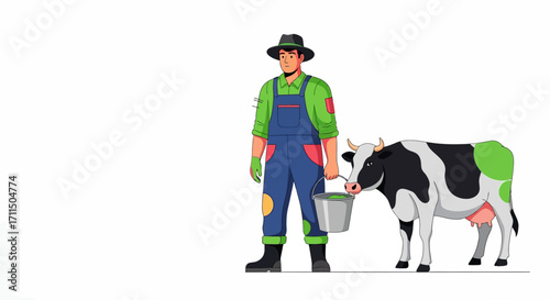 Illustrative vector graphic of a dedicated farmer in work attire, feeding a black and white dairy cow from a bucket, symbolizing care, agriculture, and rural livelihood