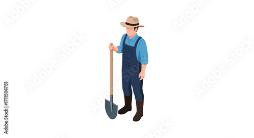 Isometric illustration of a farmer in overalls holding a shovel, representing the concept of agricultural labor and cultivation
