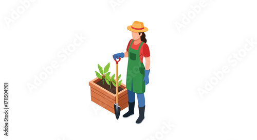 Isometric Farmer Harvesting and Gardening in a Green Environment