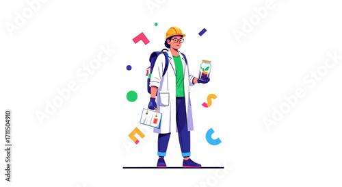 Vector cartoon of an industrial inspector or field scientist giving approval with a checkmark, representing quality assurance and modern innovation