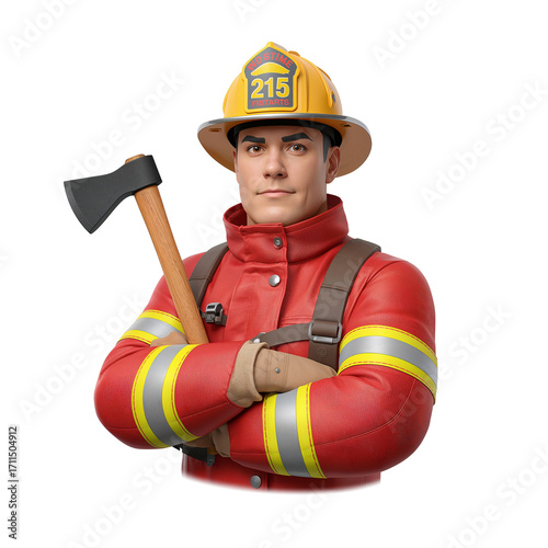 Firefighter 3D PNG Character Holding Axe