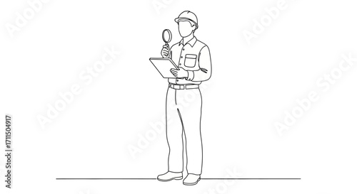 Line Art Illustration of a Construction Worker with Clipboard and Microphone