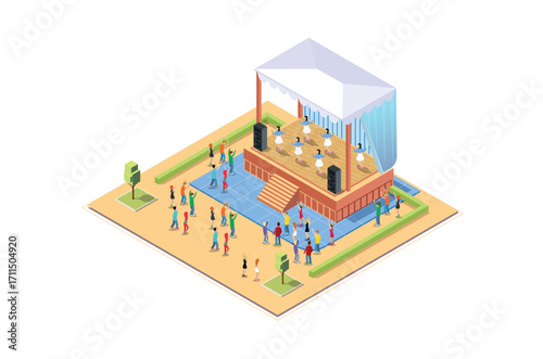 Illustration Music Festival Concept 3d Isometric View Concert Party Elements Landscape Background and Stage. Vector illustration of Musical Event