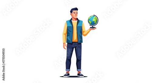Modern vector illustration of a young man holding a world globe, symbolizing international connection, geography, and global exploration