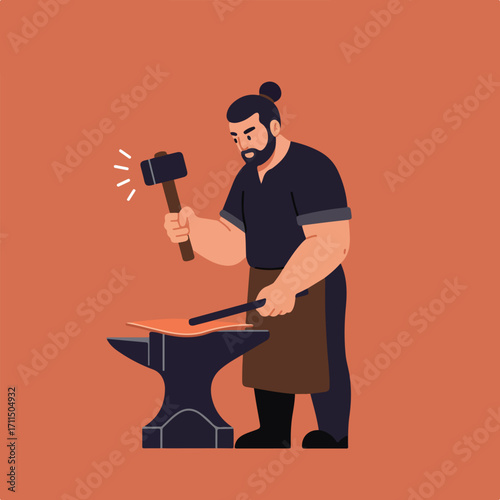 Cartoon artisan forging hot metal on anvil