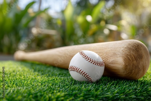 Baseball bat and ball on green grass in sunlit garden setting