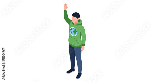 Isometric illustration of a person in a green hoodie with an Earth logo, raising a hand to advocate for environmental protection and sustainable living