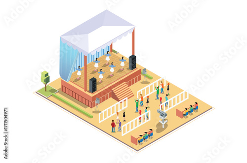 Illustration Music Festival Concept 3d Isometric View Concert Party Elements Landscape Background and Stage. Vector illustration of Musical Event