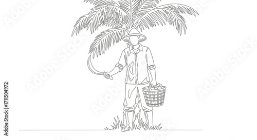 Line drawing of a farmer under a palm tree holding a basket and a sickle, ready for harvest
