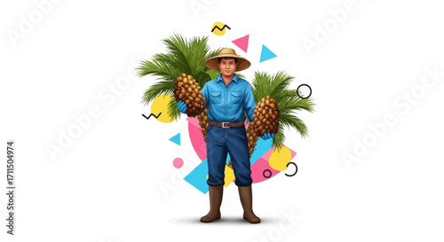 Farmer holding two pineapples with palm trees and abstract shapes in the background, representing tropical fruits and healthy lifestyle
