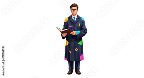 Eccentric Professor with Colorful Coat Holds a Book