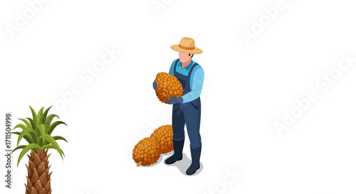 Farmer Harvesting Palm Fruits An Illustration of Agricultural Labor and Palm Oil Production
