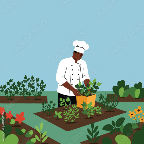 A chef tends to a vibrant garden filled with herbs, flowers, and fresh vegetables