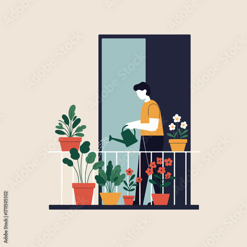 Flat vector illustration of a person watering potted plants on a balcony indoors