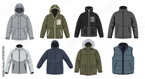 Collection of vector illustrations showcasing various styles of men's winter jackets, including parkas, hooded jackets, and vests in a range of colors, suitable for different weather conditions