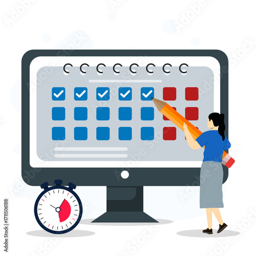 A businesswoman using pencil to marking checklist on online calendar at computer screen.. Schedule planning done concept.