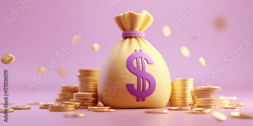Bright yellow money bag surrounded by gold coins