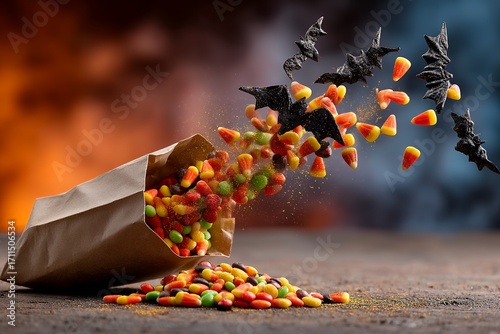 Halloween candy explosion with bats and spooky background