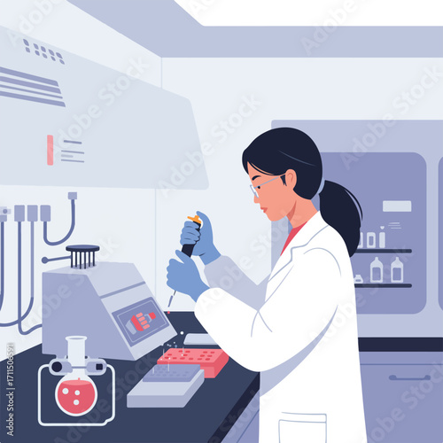 A scientist, wearing lab coat and gloves, working in a sterile lab with research equipment
