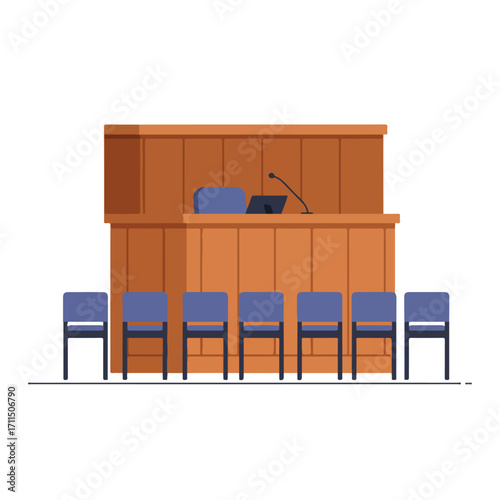Illustration of a courtroom with a wooden bench, microphone, and rows of blue chairs