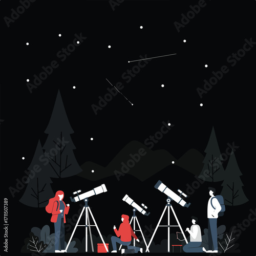 Illustrative scene of people stargazing at night with telescopes against a mountain backdrop