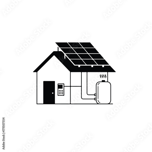 Schematic of a house fitted with solar panels and hot water tank, in black and white