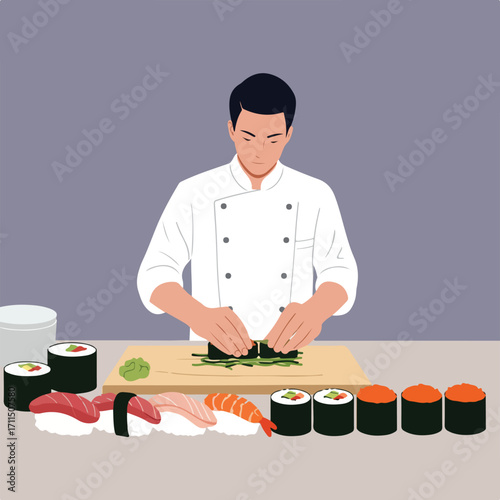 Sushi chef in white coat preparing sushi rolls with various sushi platters on table