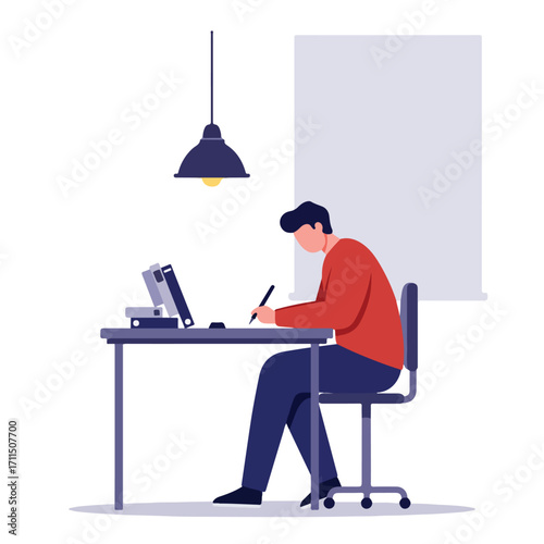 Person at a desk with documents and light, focused on writing with a pen in an indoor space