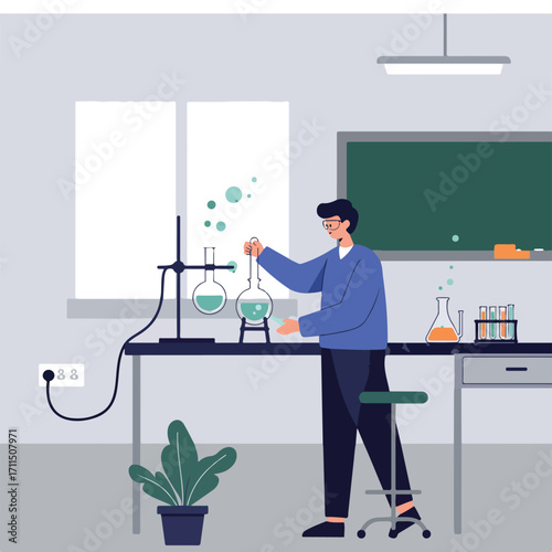 Person conducts a scientific experiment in a lab, bubbles form from beakers, plant nearby