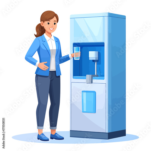 A smiling woman in a blue blazer and jeans getting a glass of water from a modern office water cooler.