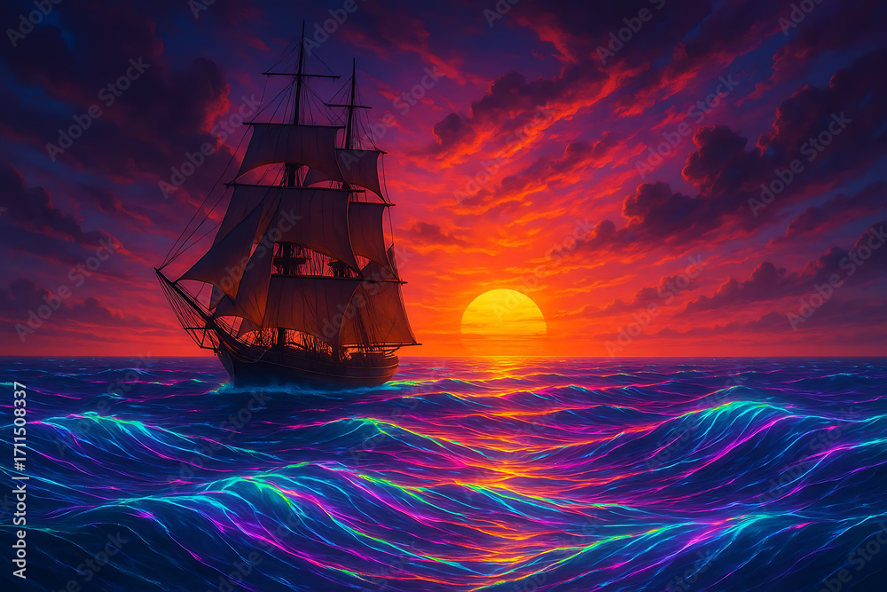 Fototapeta premium Majestic Pirate Ship Sailing in Vibrant Sunset Ocean