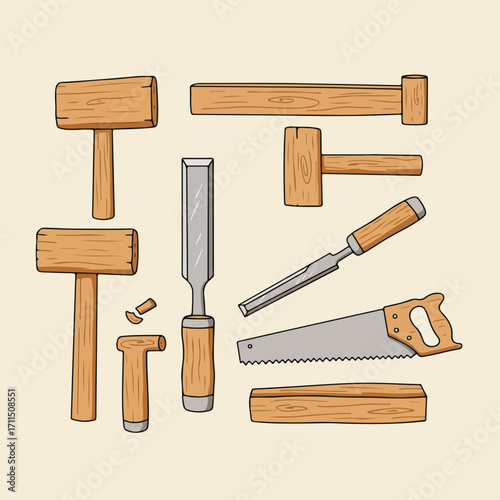 Cartoon drawing of woodworking tools (mallets, chisels, saw) on light tan background