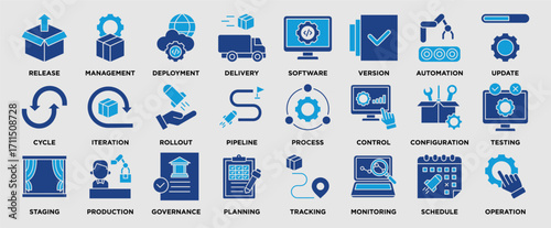 Release Management icon collection set. Containing deployment, delivery, software, version and automation icon. solid icon vector.	